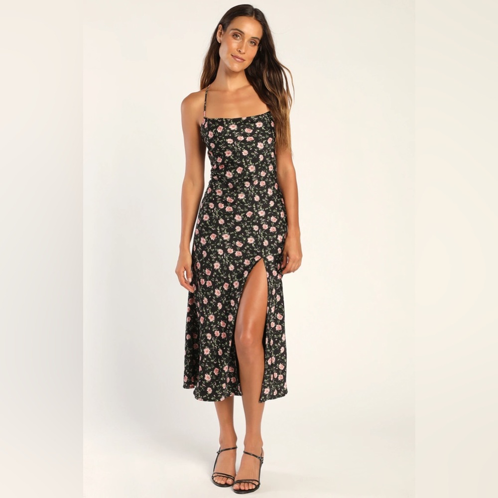 Lulus black and pink floral satin wedding guest dress